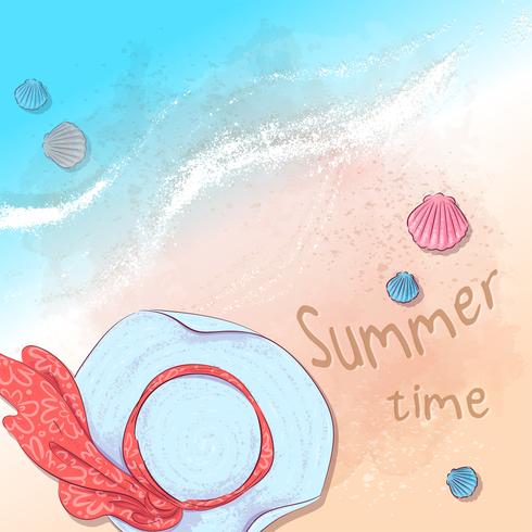 Briefkaart print strand zomerfeest met een hoed en leistenen op het zand bij de zee. Hand tekenstijl. vector