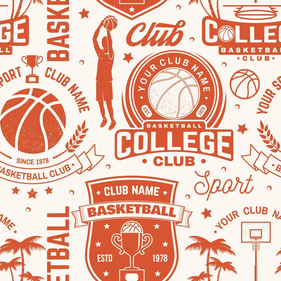 basketbal club naadloze patroon of achtergrond. vector. naadloos sportpatroon met basketbalbal, mand, hoepel en spelersilhouet. basketbal sportclub textuur. vector