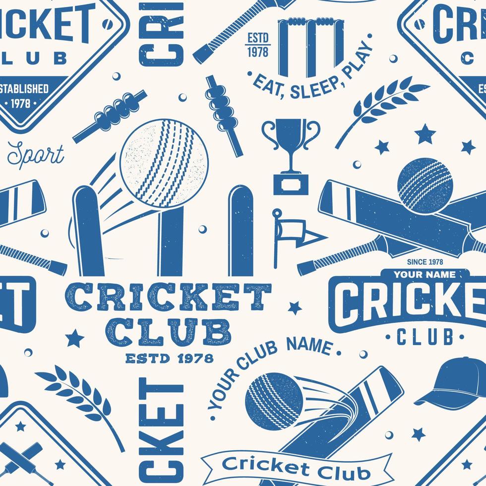 cricket club naadloze patroon of achtergrond. vector. naadloos sportpatroon met cricketbal, wicket, borgtocht en helmsilhouet. cricket sport club textuur. vector