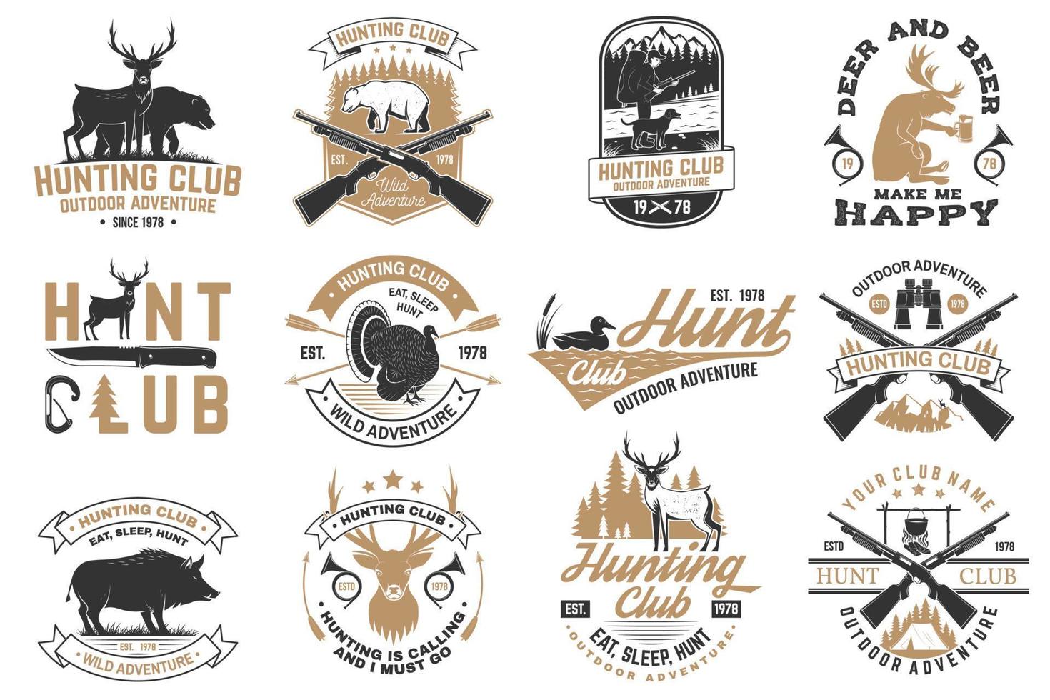 set jachtclub badge. vectorconcept voor shirt, print, stempel. vintage typografieontwerp met jachtgeweer, zwijn, jager, beer, hert, bergen en bos. outdoor avontuur jacht club embleem vector