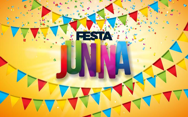Festa Junina Illustratie met partijvlaggen, kleurrijke Confetti en typografie brief op gele achtergrond. Vector Brazilië juni Festival ontwerp
