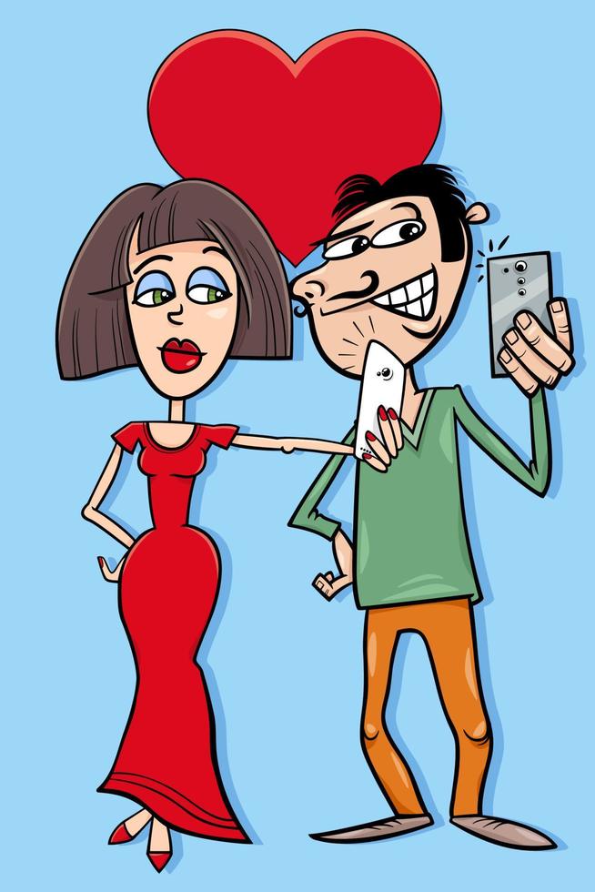 valentijnskaart met cartoonvrouw en man die selfie maken vector