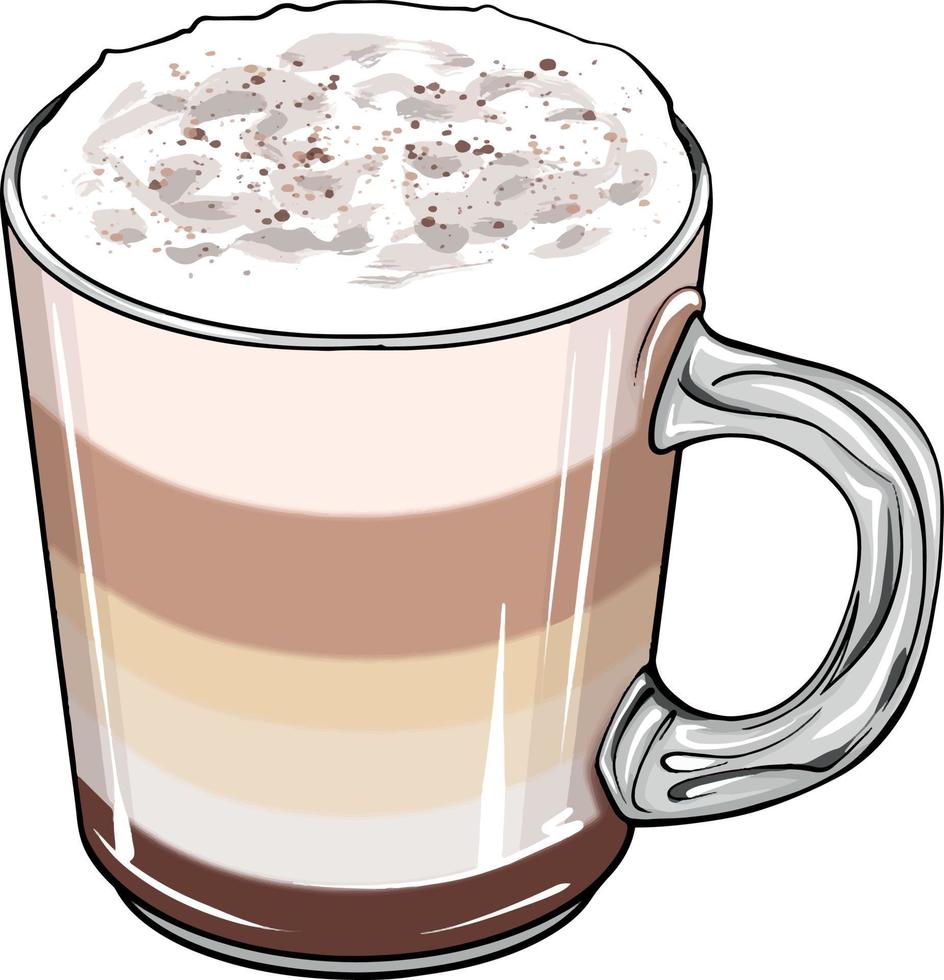 illustratie van een glas cappuccino met lagen in een glazen beker. hand getrokken drinken cappuccino illustratie geïsoleerd op een witte achtergrond. vectorcappuccino vector