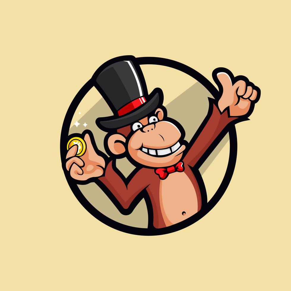 illustratie van aap die cryptomunt vasthoudt met een magische hoed, cartoon mascotte logo-ontwerp vector