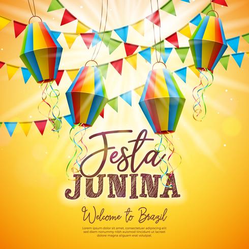 Festa Junina-illustratie met partijvlaggen en papieren lantaarn op gele achtergrond. Vector Brazilië juni Festival ontwerp