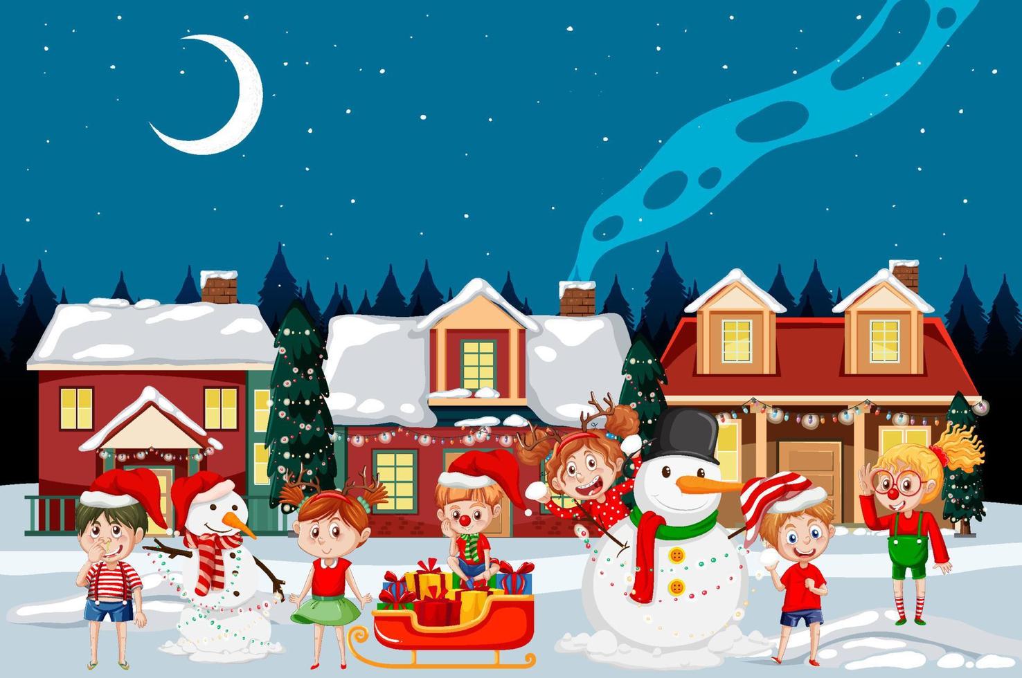 kerst winters tafereel met kinderen en sneeuwpop vector
