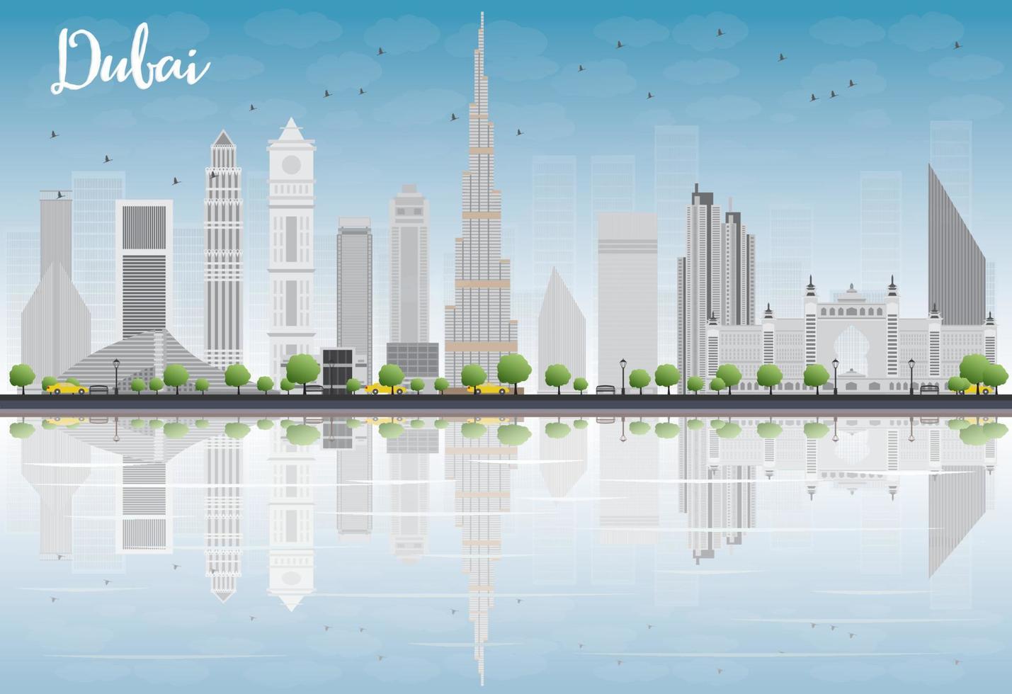 De skyline van de stad van dubai met grijze wolkenkrabbers, blauwe lucht en reflecties. vector