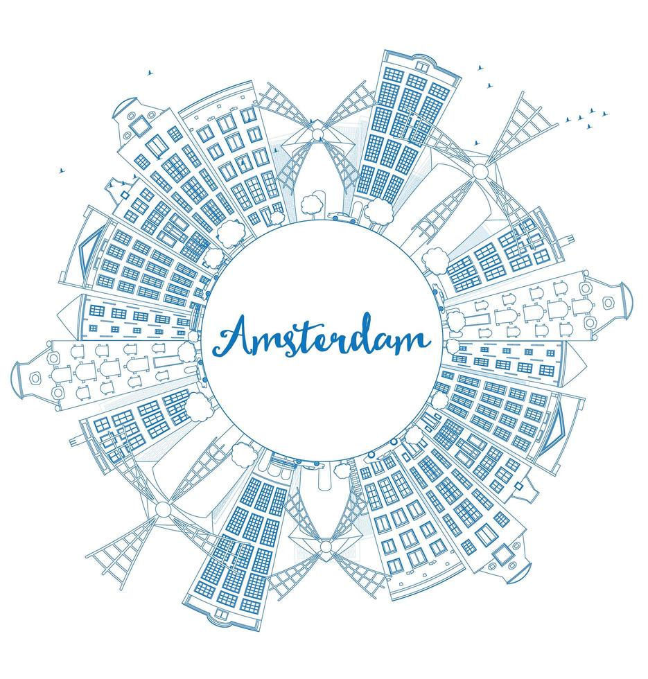 schets de skyline van de stad van amsterdam met blauwe gebouwen en kopieer ruimte. vector
