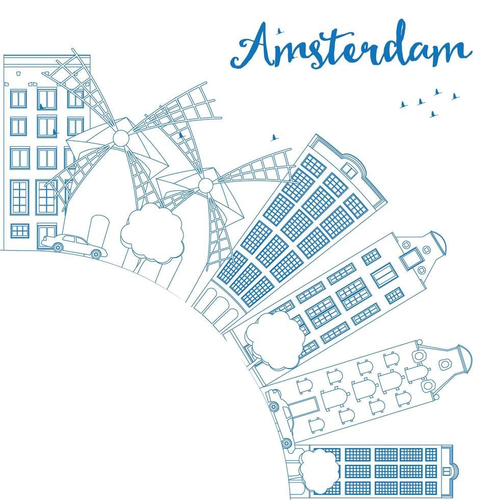 schets de skyline van de stad van amsterdam met blauwe gebouwen en kopieer ruimte. vector