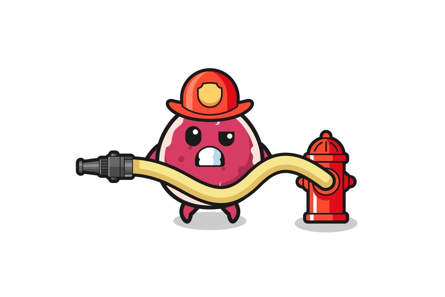 beef cartoon als brandweerman mascotte met waterslang vector