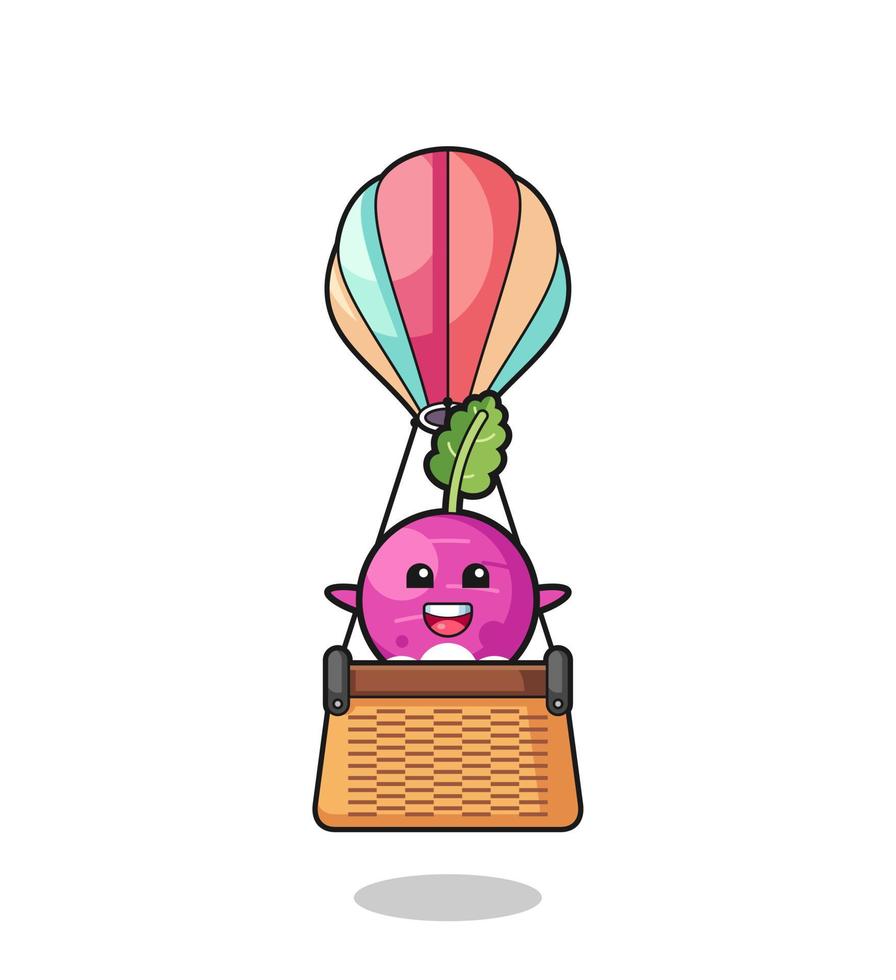 raapmascotte die een heteluchtballon berijdt vector