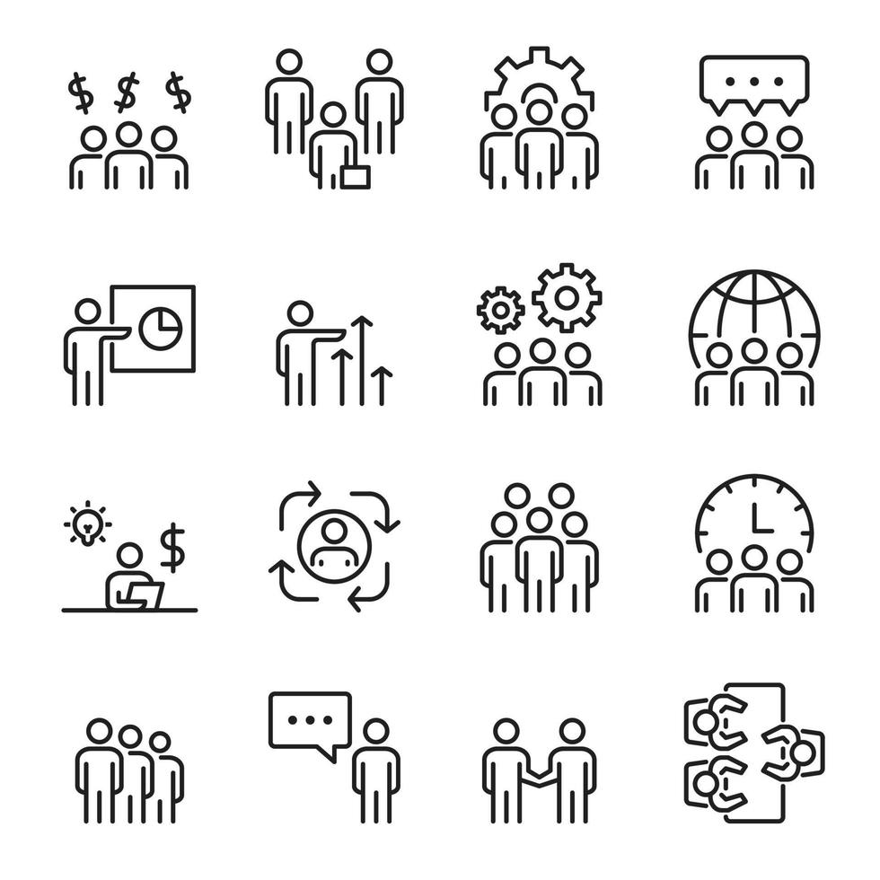 zakenmensen iconen vector lijn set, vergadering, teamstructuur, groep, kantoor, persoon