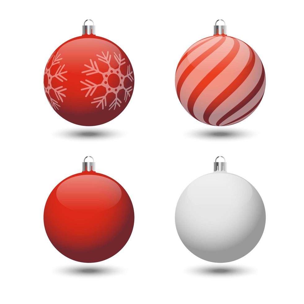 set van vier kerstballen op een witte achtergrond met schaduwen. vector