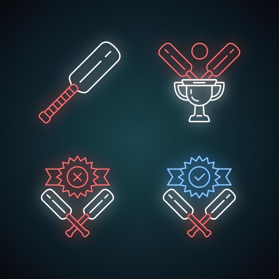 cricket kampioenschap neon licht iconen set. sport toernooi. vleermuis, kampioensbeker, winnen, verslaan. competitie competitie. sport wedstrijd. bat en bal teamspel. gloeiende borden. geïsoleerde vectorillustraties vector