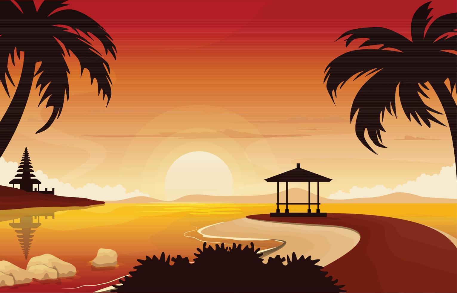 prachtige zonsondergang zee nusa dua bali landschap weergave illustratie vector