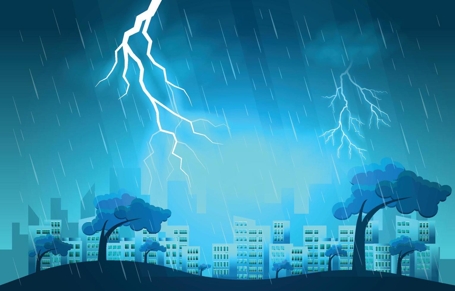 donder storm blikseminslag zware regen stad gebouw skyline stadsgezicht illustratie vector