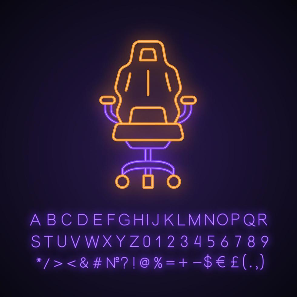 gaming fauteuil neon licht icoon. ergonomische stoel. e-sportuitrusting. gaming comfortabele omgeving. gloeiend bord met alfabet, cijfers en symbolen. vector geïsoleerde illustratie