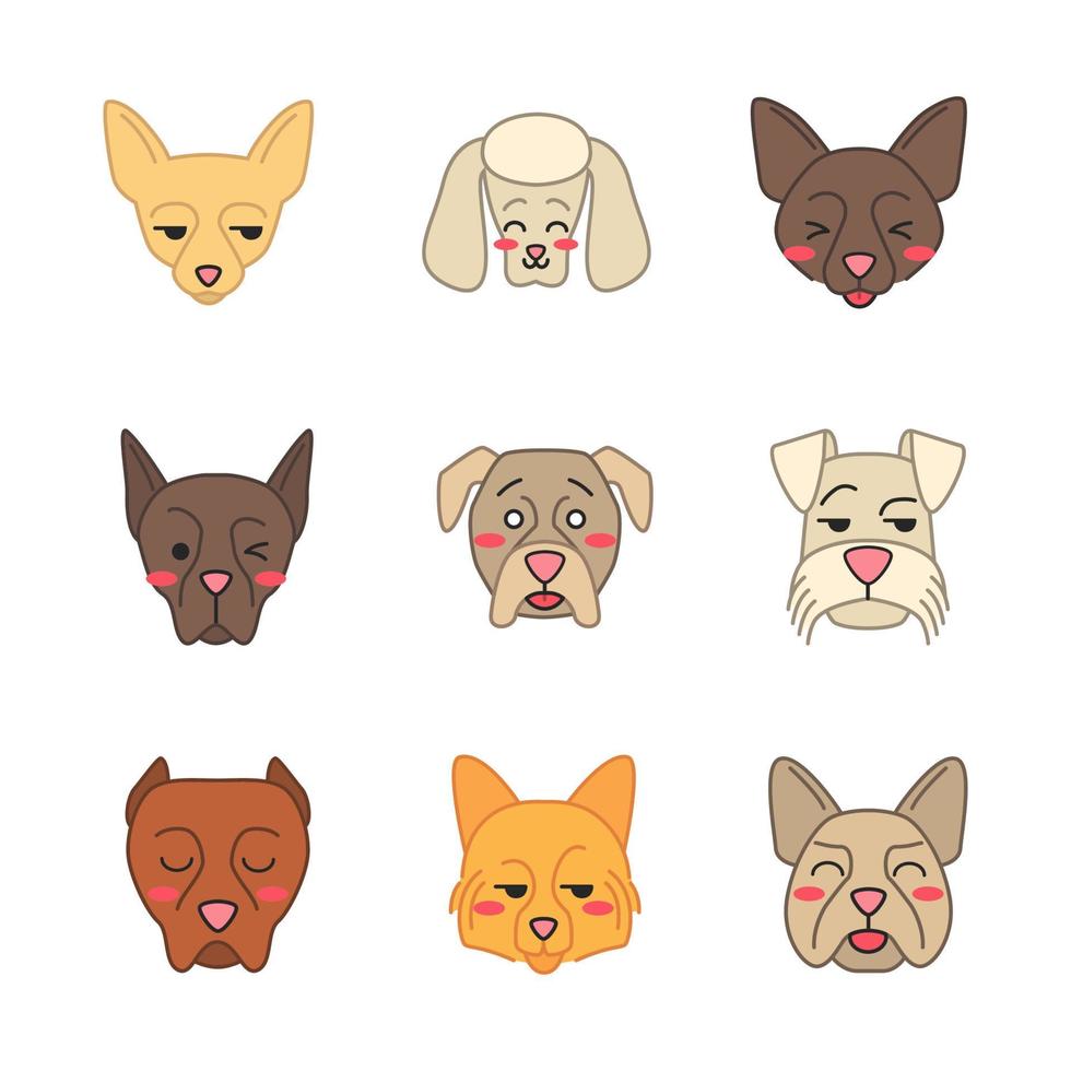 honden schattige kawaii vectorkarakters. dieren met lachende muilkorven. lachende border collie en franse bulldog. knipogende dobermann. grappige emoji, emoticon set. geïsoleerde cartoon kleur illustratie vector