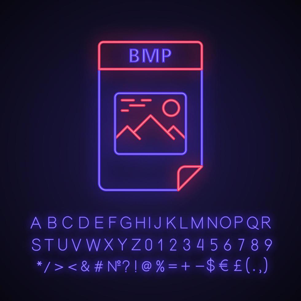 bmp-bestandspictogram voor neonlicht. bitmap afbeelding. bestandsindeling voor rasterafbeeldingen. gloeiend bord met alfabet, cijfers en symbolen. vector geïsoleerde illustratie