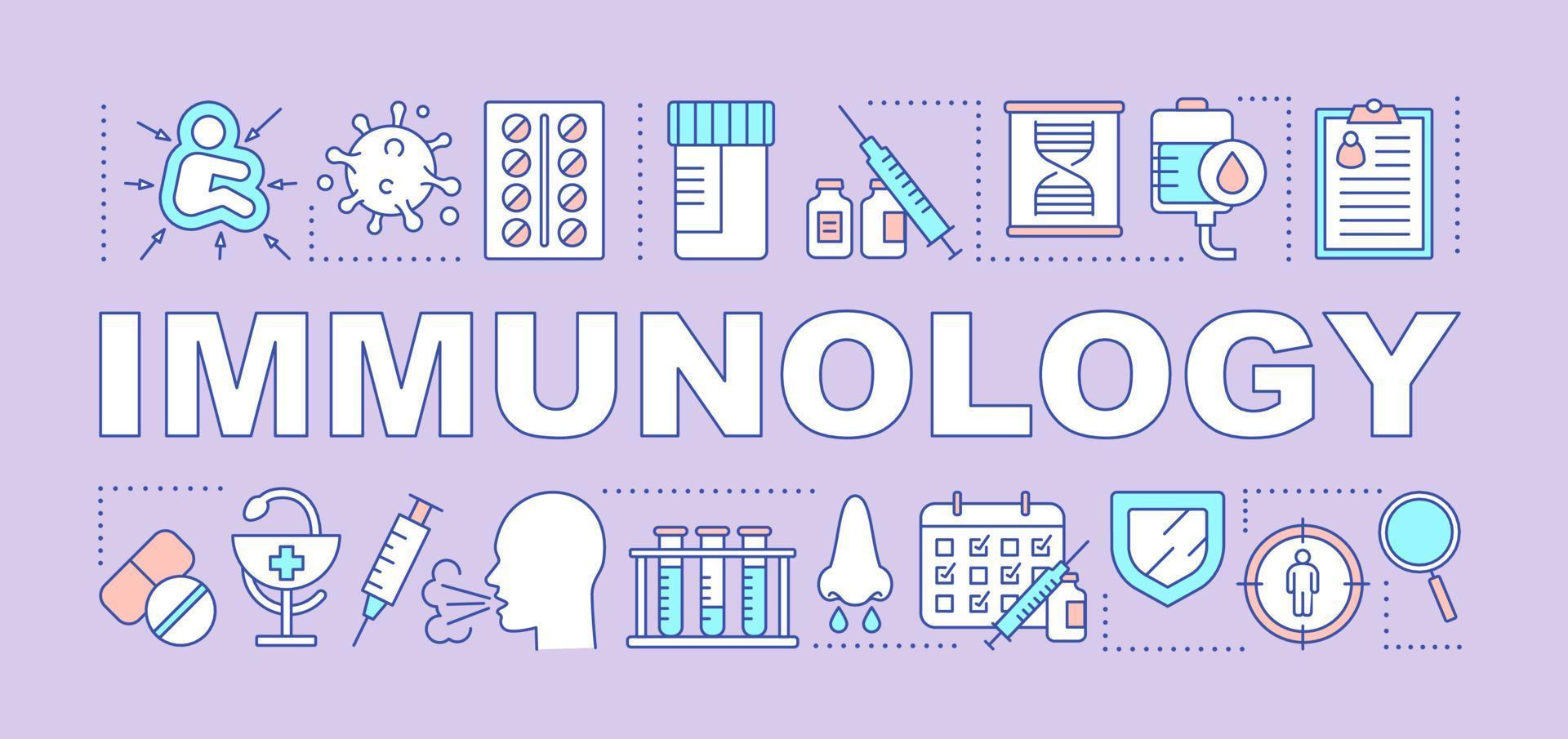 immunologie woord concepten banner. ziekten van het immuunsysteem. vaccinatie. immuundeficiëntie. presentatie, website. geïsoleerde belettering typografie idee met lineaire pictogrammen. vector overzicht illustratie