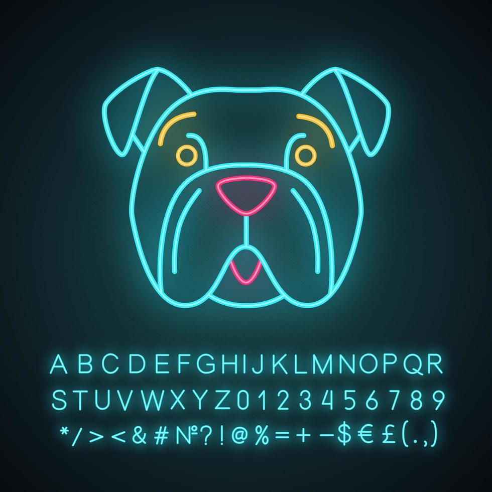 bulldog schattig kawaii neonlicht karakter. hond met verstilde snuit. gelukkig dier met open mond. grappige emoji, emoticon. gloeiend pictogram met alfabet, cijfers, symbolen. vector geïsoleerde illustratie