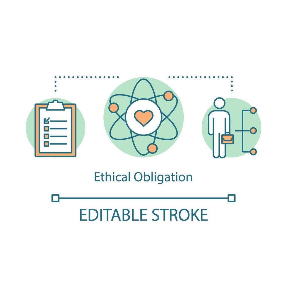 ethische verplichting concept icoon. zakelijke ethiek idee dunne lijn illustratie. bedrijfsaansprakelijkheid, betrokkenheid, integriteit. bescherming van arbeidsrechten. vector geïsoleerde overzichtstekening. bewerkbare streek