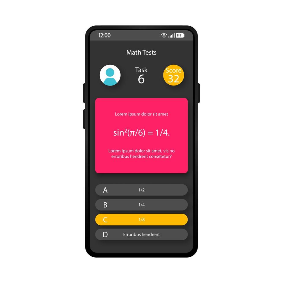 wiskunde tests smartphone interface vector sjabloon. mobiele app pagina zwarte ontwerplay-out. rekenoefeningsscherm. platte ui voor educatieve toepassing. wiskunde vergelijking telefoon display