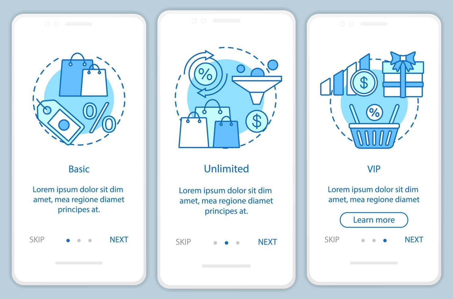 kortingen bonussen abonnement onboarding mobiele app paginascherm met lineaire concepten. drie walkthrough stappen grafische instructies. basis, vip-tarief. ux, ui, gui vectorsjabloon met illustraties vector