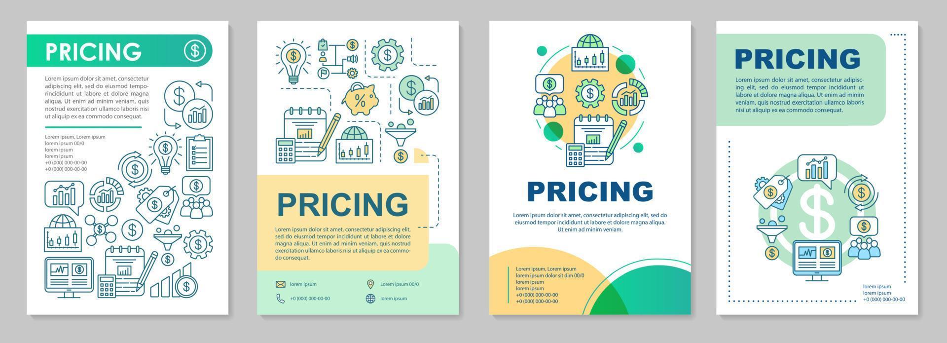 indeling van de prijsbrochure sjabloon. markt verkoop. vereiste betaling. flyer, boekje, folder printontwerp met lineaire illustraties. vectorpaginalay-outs voor tijdschriften, jaarverslagen, reclameposters vector