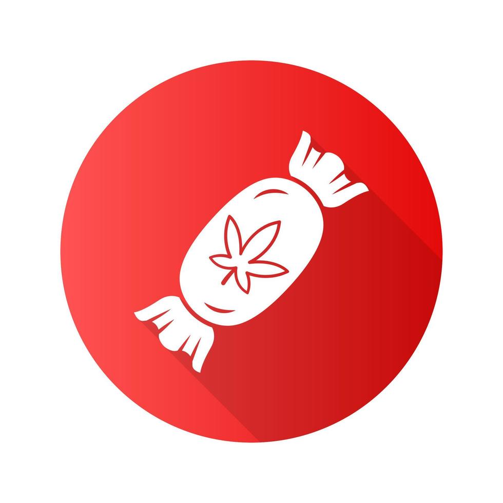 marihuana harde snoep platte ontwerp lange schaduw glyph pictogram. onkruid product. cannabisindustrie. cbd lolly. ontspannend snoepje. hennep zoet. alternatieve medicatie. drug gebruik. vector silhouet illustratie