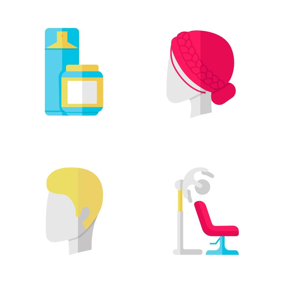 haarsnit plat ontwerp lange schaduw kleur iconen set. knippen, drogen, stylen. haarlak en stylinggel, föhn, kapsel voor mannen en vrouwen. vector silhouet illustraties