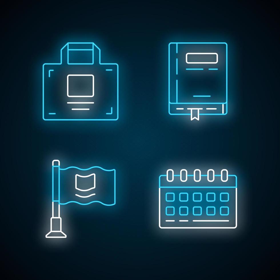 kantooraccessoires neonlicht iconen set. zakelijke benodigdheden gloeiende borden. zakelijke werkattributen, geïsoleerde vectorillustraties voor werknemershulpmiddelen. werkend notitieblok, bureaukalender, aktetas en vlag vector