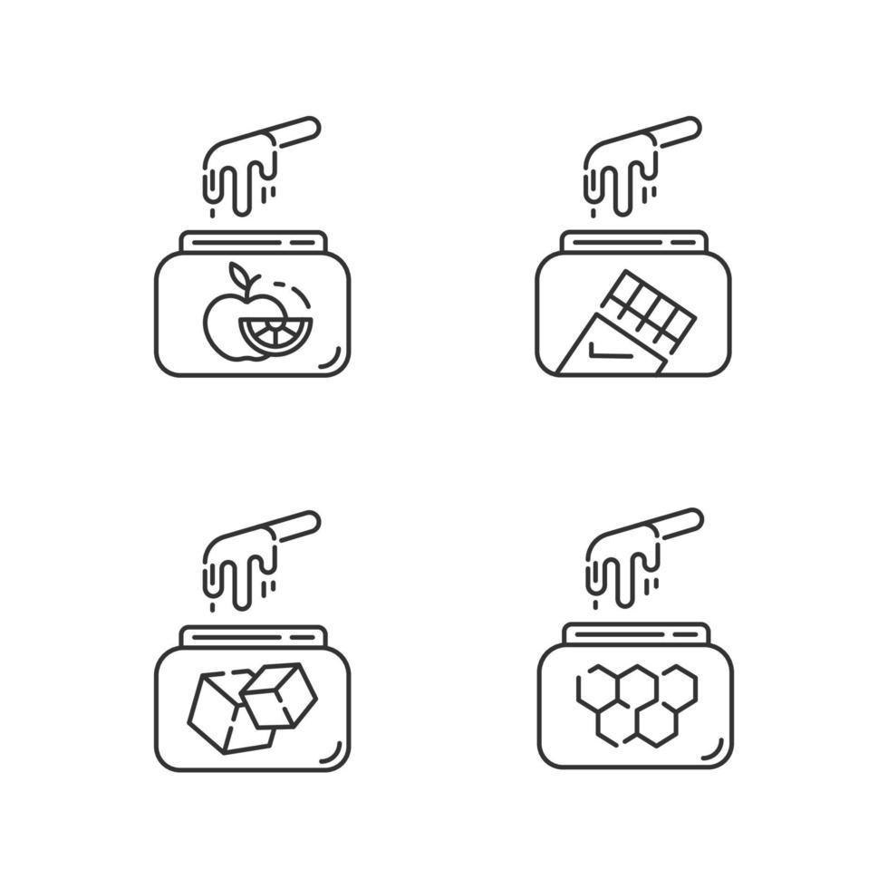 harde koude waxing lineaire iconen set. natuurlijk fruit, suiker, honing, chocoladewas in pot met spatel. ontharing. dunne lijn contour symbolen. geïsoleerde vectoroverzichtsillustraties. bewerkbare streek vector