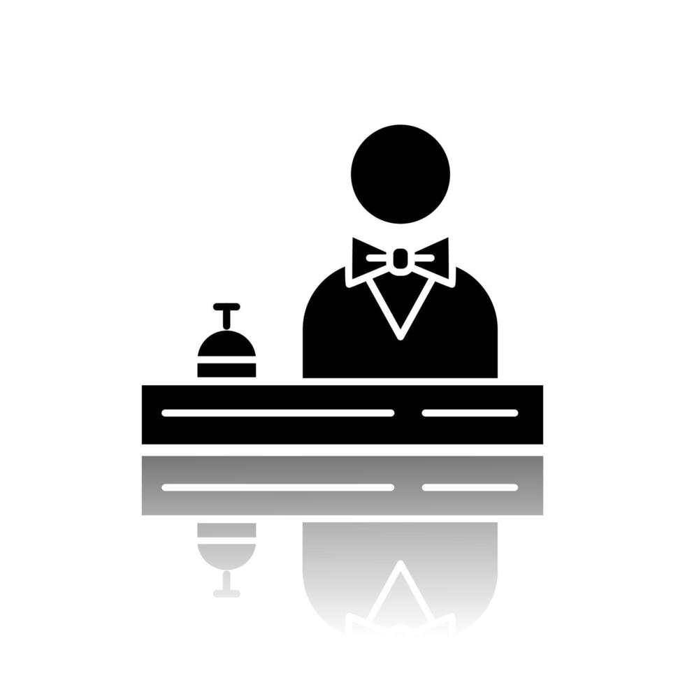 hotel receptie slagschaduw zwarte glyph pictogram. conciërgeservice. manager, butler, majordomo in pak. gastbijeenkomst, registratie. receptioniste van de motellobby. vector geïsoleerde illustratie