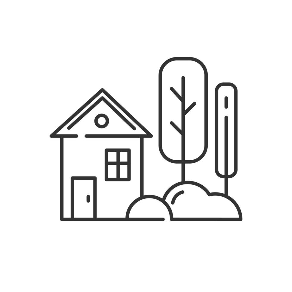 klein huis met tuin lineair pictogram. dorp en erf met één verdieping. gevel van een herenhuis. buitenkant van het plattelandshuis. dunne lijn contour symbolen. geïsoleerde vectoroverzichtsillustratie. bewerkbare streek vector