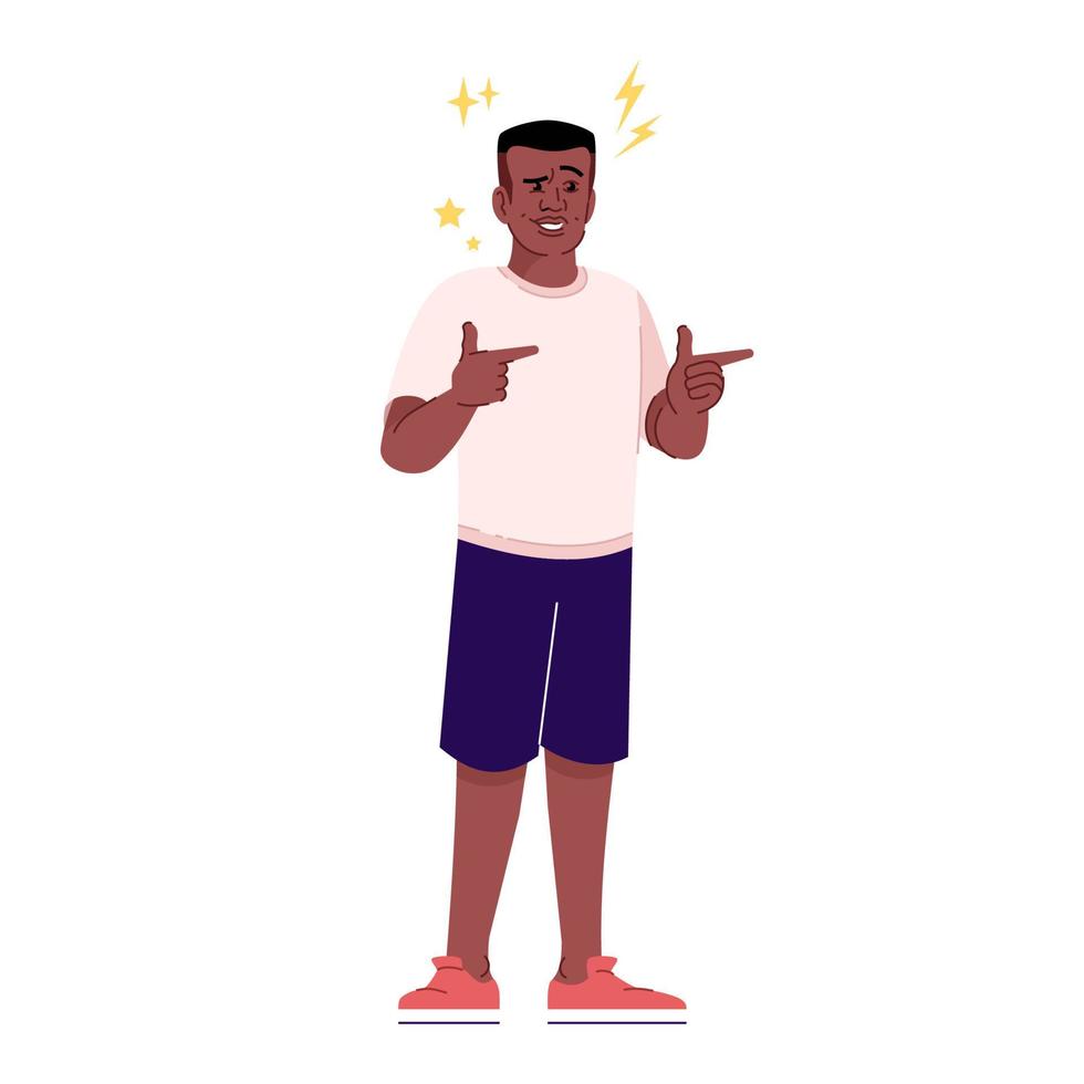 flirten man platte vectorillustratie. vrolijke afro-amerikaanse man met wijzend vingergebaar. Zelfverzekerd lachend persoon geïsoleerd stripfiguur met overzichtselementen op een witte achtergrond vector