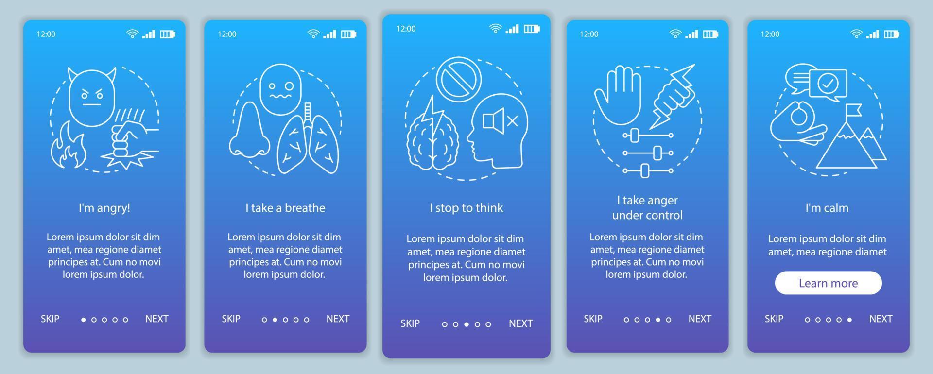 woedebeheer onboarding mobiele app-paginascherm vectorsjabloon. haal adem, stop om na te denken, kalm. walkthrough website stappen met lineaire illustraties. ux, ui, gui smartphone-interfaceconcept vector