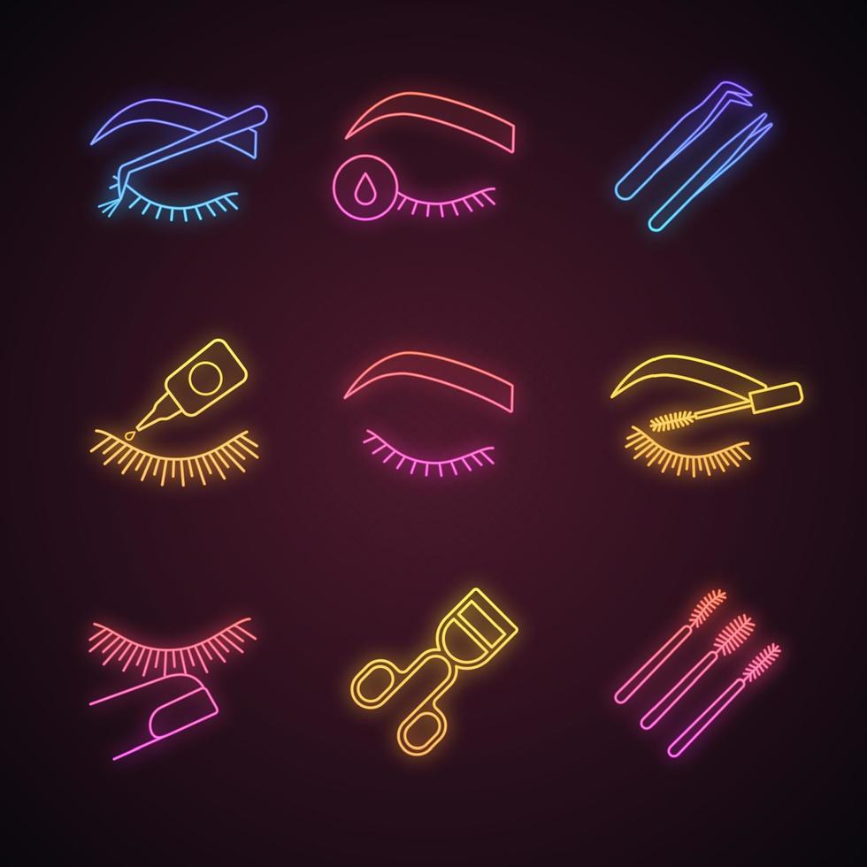 wimper extensie neon licht iconen set. make-up gereedschap. primer, cluster, pincet, lijm, wimperkruller, schaar, stop met aanraken, wegwerp-mascarastaafjes. gloeiende borden. geïsoleerde vectorillustraties vector