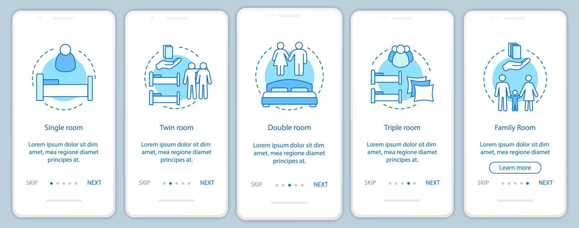 kamertypes onboarding mobiele app scherm vector sjabloon. accommodatie, appartement boeken. een-, twee- of tweepersoonskamers walkthrough website stappen. hostel, motel. ux, ui, gui smartphone-interface