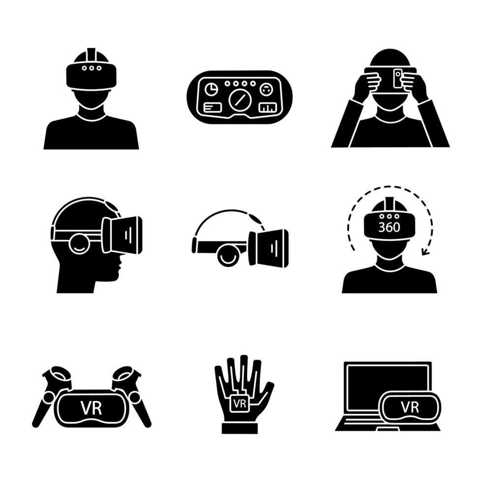 virtual reality glyph pictogrammen instellen. silhouet symbolen. vr-gamespelers, headsets, controllers, hud, handschoen, computer, video. virtual reality-apparaten. vector geïsoleerde illustratie