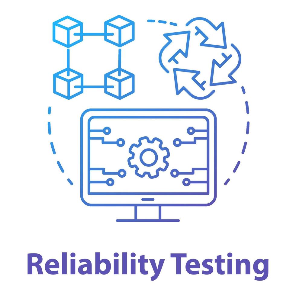 betrouwbaarheid testen concept icoon. software ontwikkeling type idee dunne lijn illustratie. applicatie programmeren. storingsvrije prestaties. het projecteert. vector geïsoleerde overzichtstekening