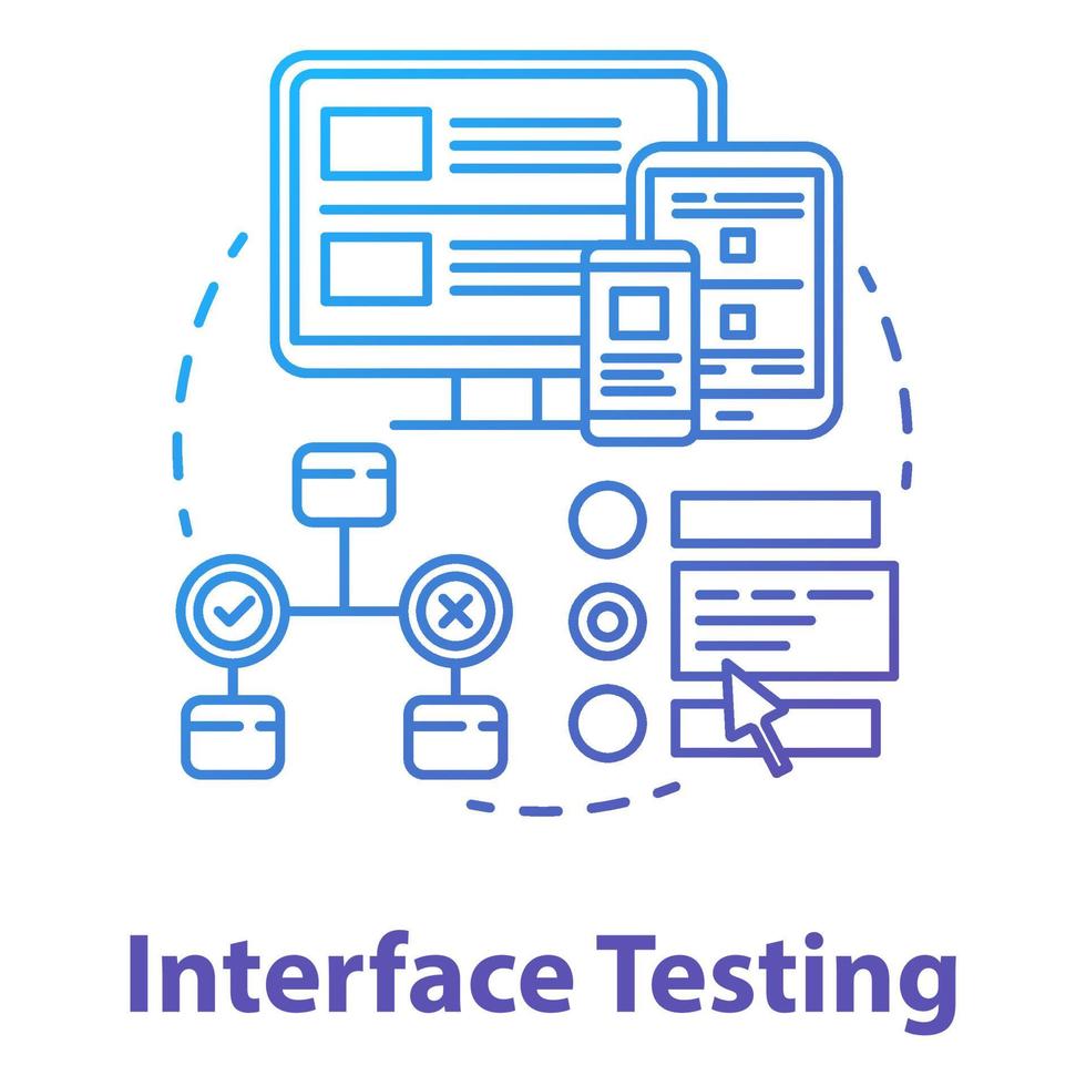 interface testen concept icoon. ux, ui check idee dunne lijn illustratie. software ontwikkelingsfase. applicatieprogrammering en codering. het projecteert. vector geïsoleerde overzichtstekening