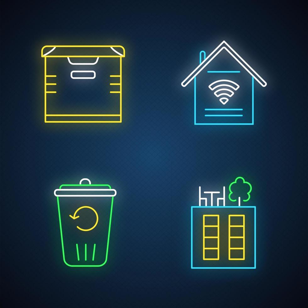 appartement voorzieningen neon licht iconen set. smart home features, opslag, recyclingservice, dakterras. luxe voor de bewoners. gloeiende borden. geïsoleerde vectorillustraties vector