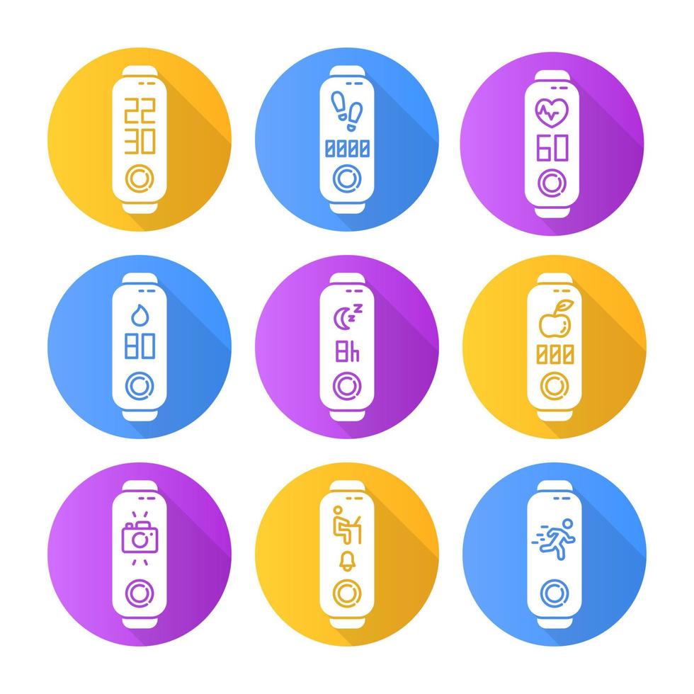 fitness tracker gezondheid monitoring platte ontwerp lange schaduw glyph pictogrammen instellen. wellness gadget met klok en stappenteller. werk en ontspan tijdcontrole pictorgrammen. vector silhouet illustratie