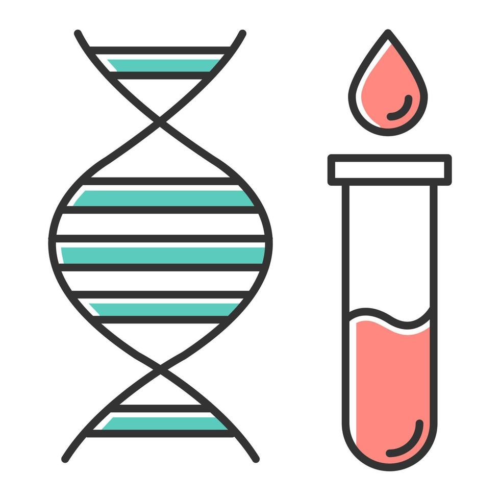 genetische testen kleur icoon. dna-onderzoek. bloed in flesje. medische ingreep. laboratoriumonderzoek in het ziekenhuis. biochemie. chromosoom, genhelix. wetenschap. gezondheidszorg. geïsoleerde vectorillustratie vector