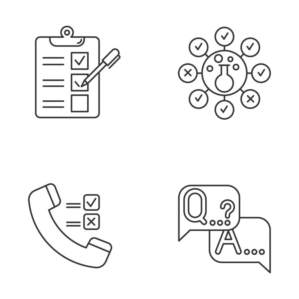 onderzoeksmethoden lineaire pictogrammen instellen. telefonische peiling. chemische analyse. vragenlijst. interview. mening. klant beoordeling. dunne lijn contour symbolen. geïsoleerde vectoroverzichtsillustratie. bewerkbare streek vector