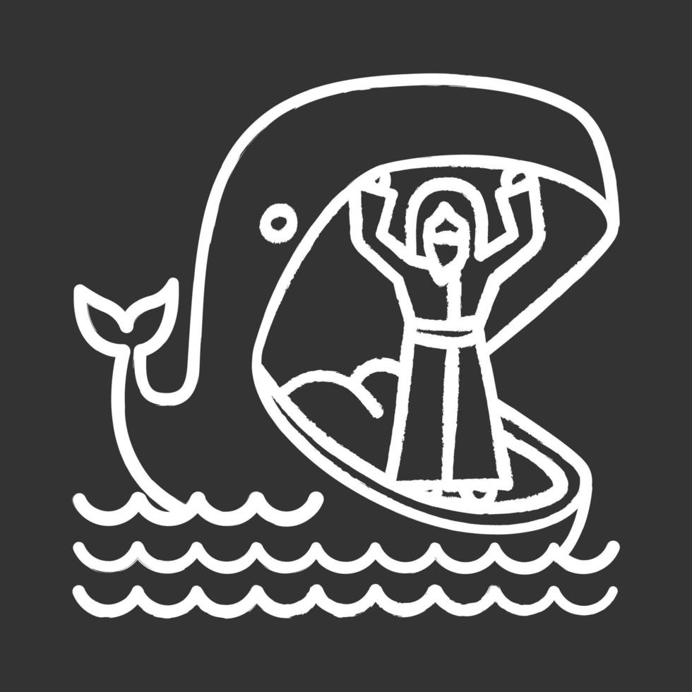 Jonah en walvis krijt icoon. oude testament verhaal. Jonahs wonderbaarlijke terugkeer uit de kaken van enorme vissen. berouw en vergeving. bijbel verhaal. geïsoleerde vector schoolbordillustratie