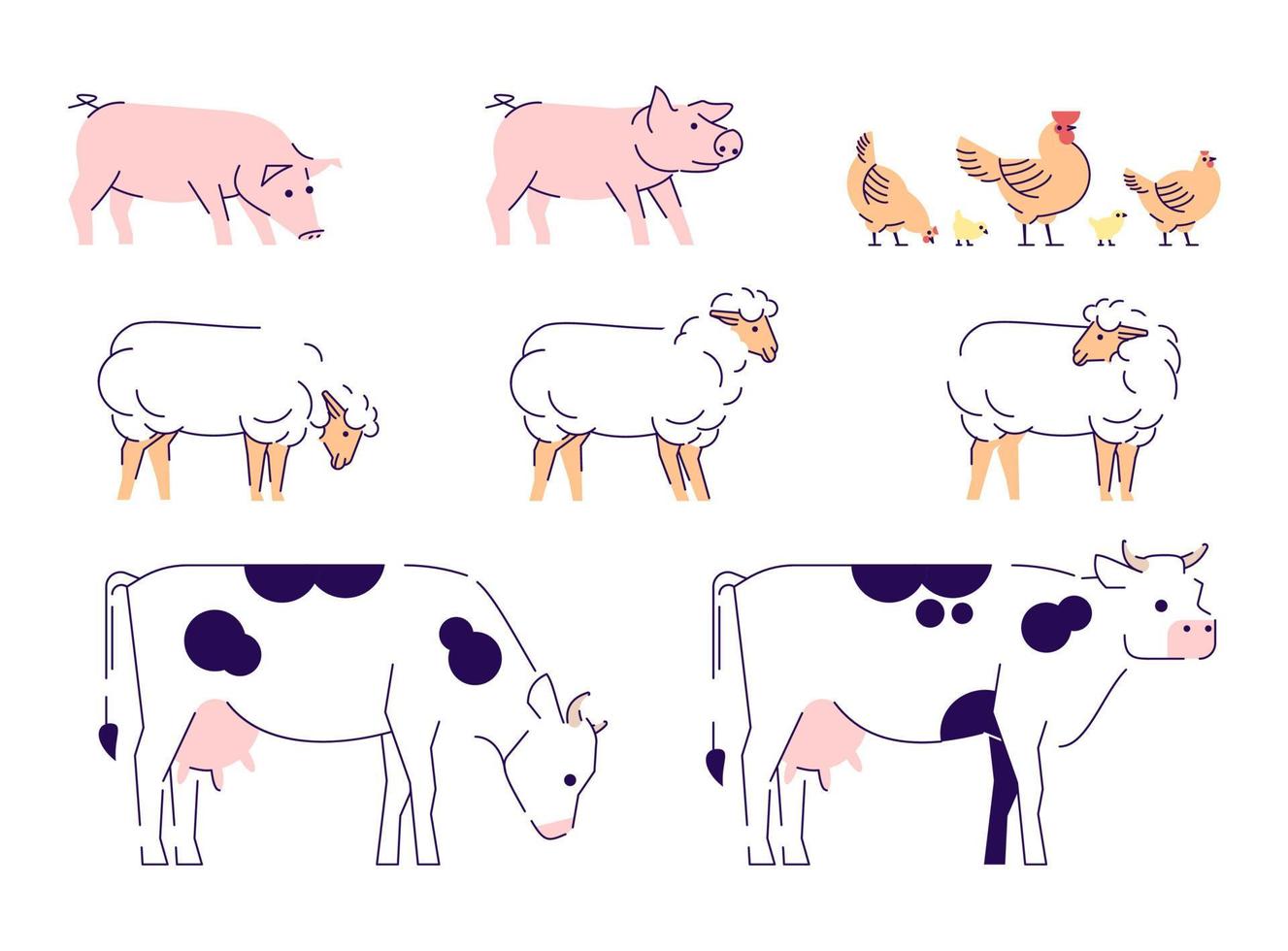 huisdieren platte vector illustraties set. vee, veeteelt geïsoleerde ontwerpelementen met omtrek. koeien, schapen, varkens en kippen. melkveebedrijf, pluimveebedrijf. boerderij dieren collectie