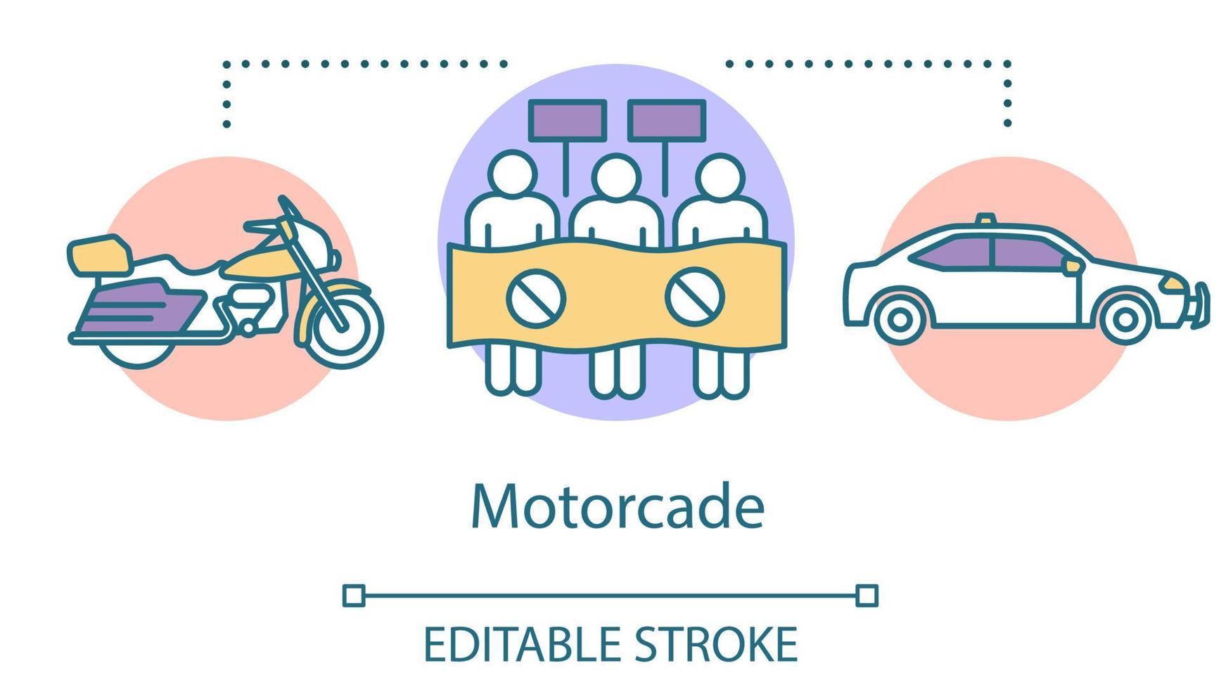 colonne concept icoon. voertuigen processie idee dunne lijn illustratie. politieauto, motorfiets en demonstranten met borden vector geïsoleerde overzichtstekening. politiek vervoer. bewerkbare streek