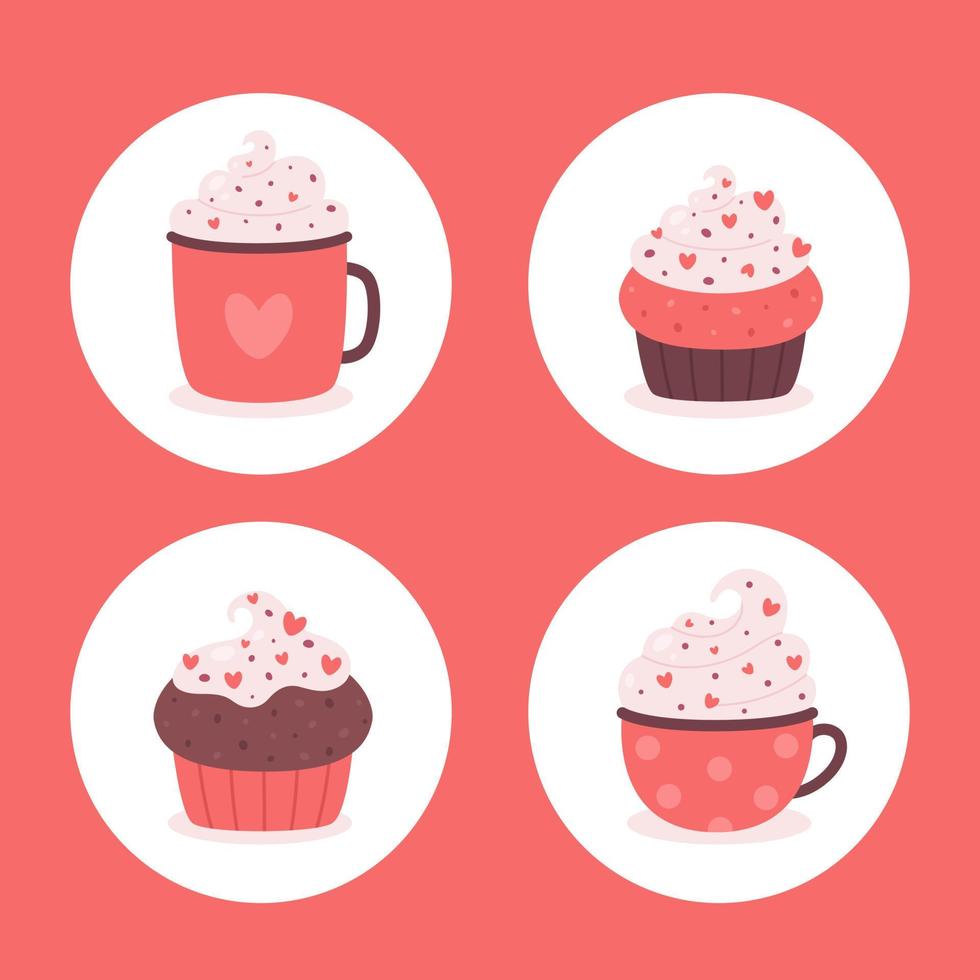Valentijnsdag warme dranken met cupcakes. koffiekopjes, muffins. Valentijnsdag snoepjes vector